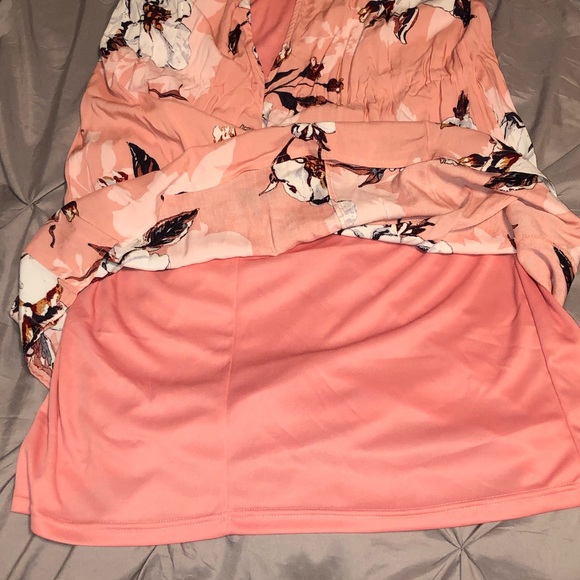 Blush Floral Off Shoulder Dress W/Tie Detail (L) - Picture 7 of 9